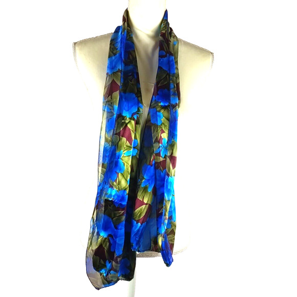 Scarf Blue Gold Stripe Sheer Rectangle 60" X 12" Hawaii Print Hibiscus - Picture 1 of 5